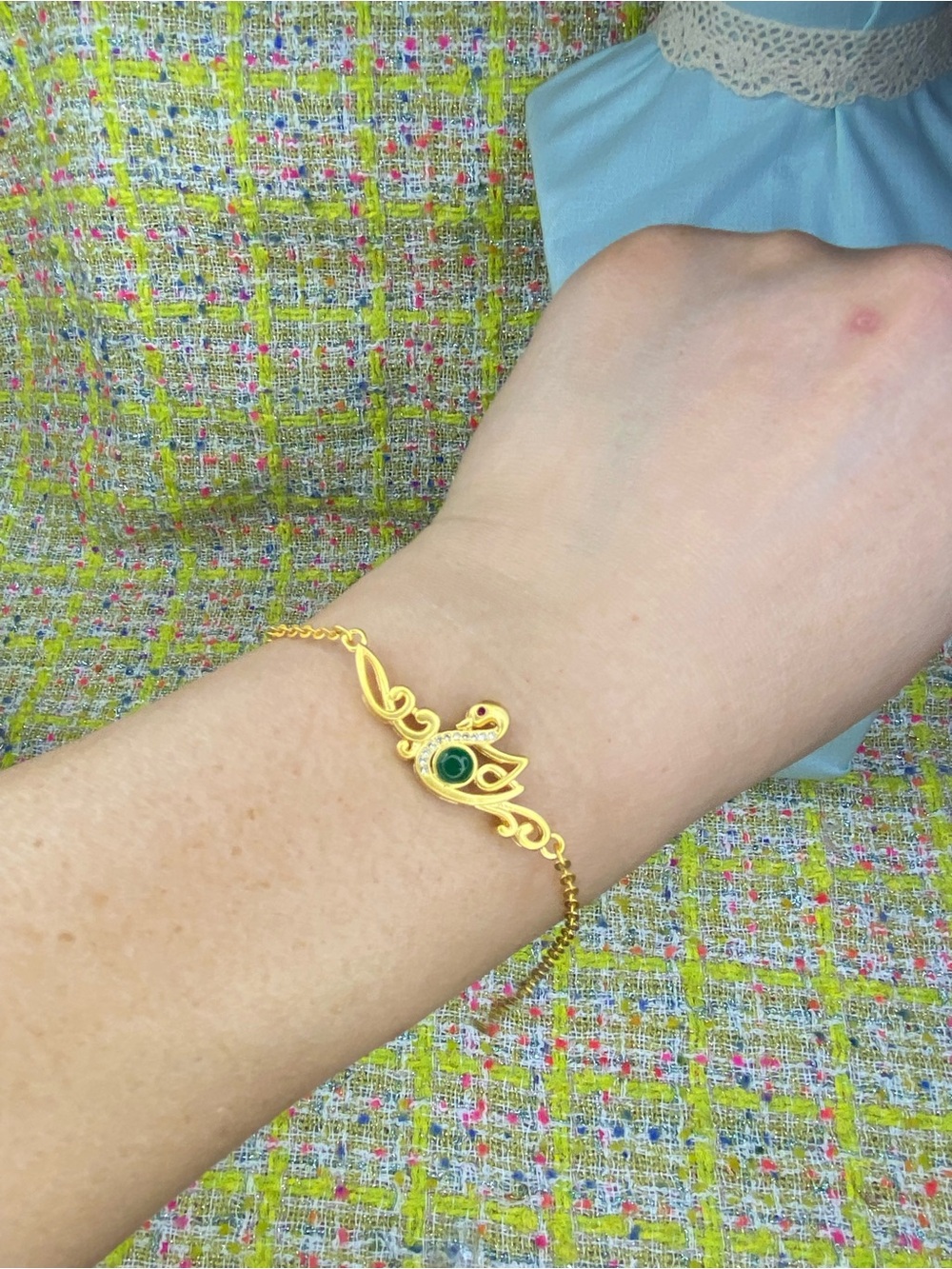 Gold Tone Swan Bracelet with Green Gem - Women Jewelry